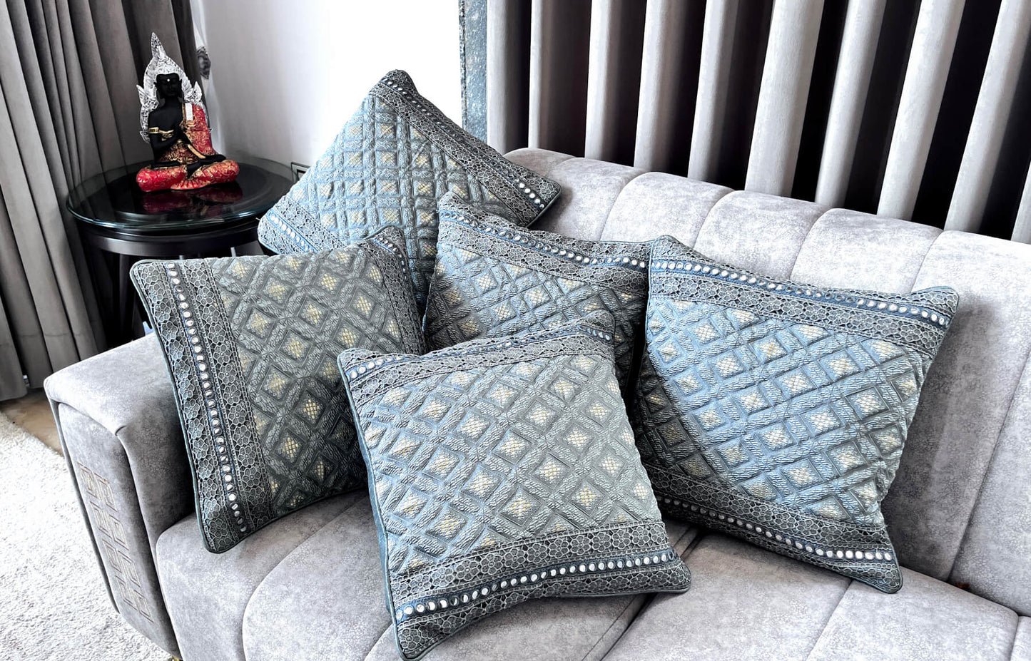 Royal Gold Embroidered Grey Cushion Covers - Pack of 5