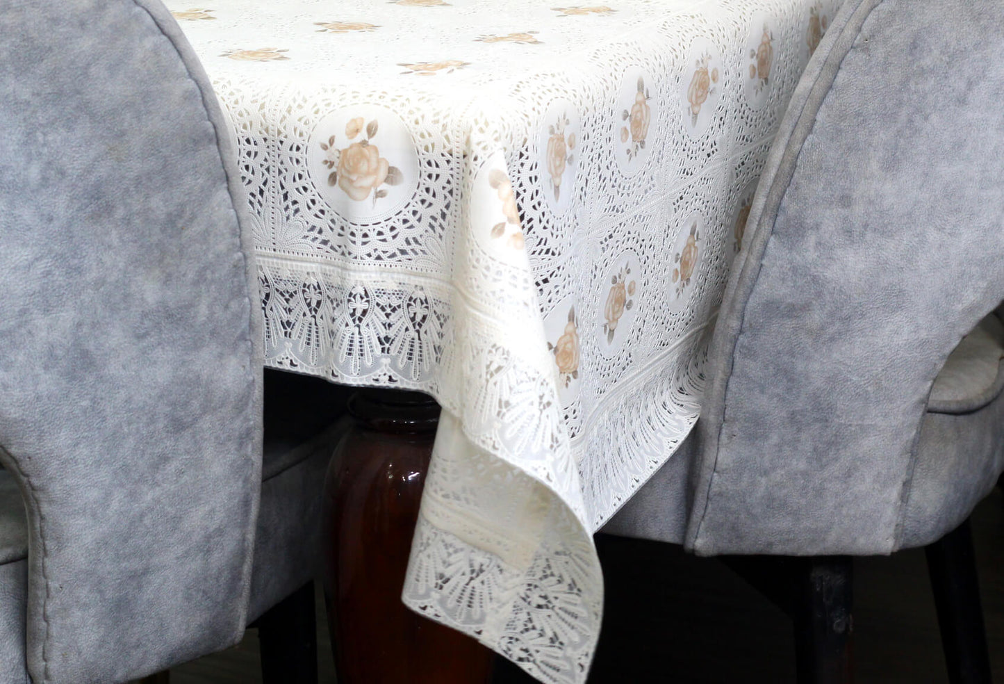 Rose Printed Beige PVC Table Cover For 6-8 Seater (60x90 Inch)