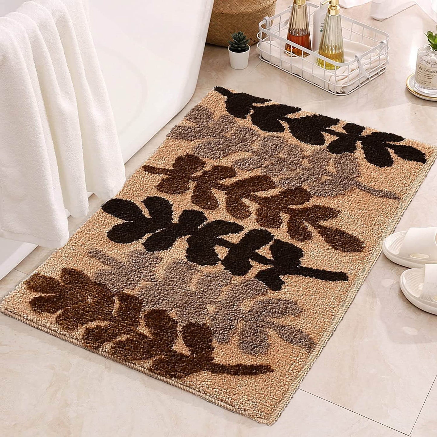 flower leaves brown bath mat