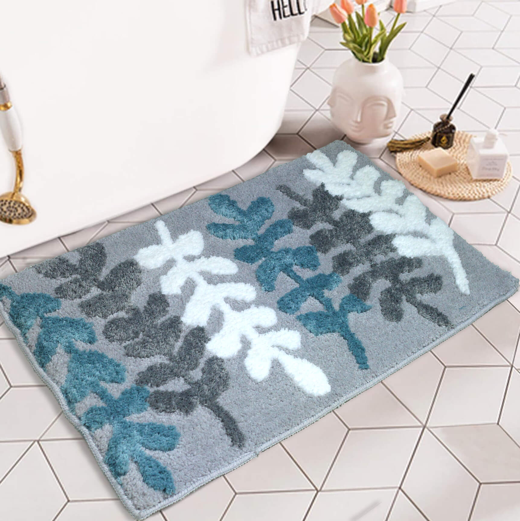 flower leaves grey bath mat